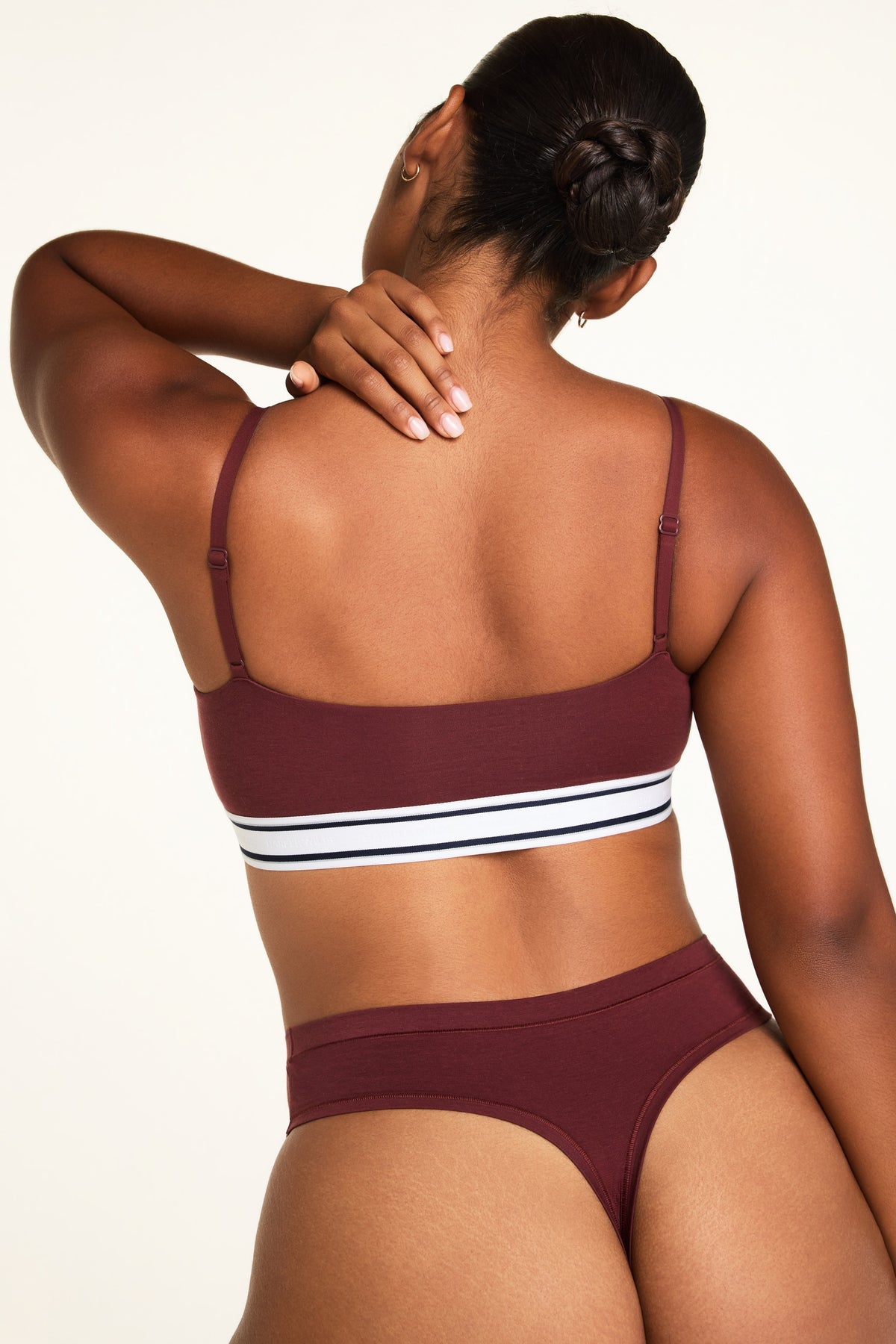 Close-up detail of the Cloud Cotton Bandeau Bralette in Cabernet paired with the Cloud Cotton Highwaist Thong in Cabernet.