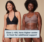 Two models standing side by side wearing the Bliss Lace Halterneck Bralette. The model on the left wears size Small and the model on the right wears size Large showing the higher rise center in front for additional support. Sizes L-4XL feature a higher center.