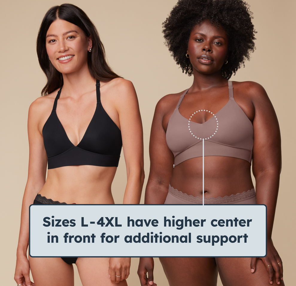 Two models standing side by side wearing the Bliss Lace Halterneck Bralette. The model on the left wears size Small and the model on the right wears size Large showing the higher rise center in front for additional support. Sizes L-4XL feature a higher center.