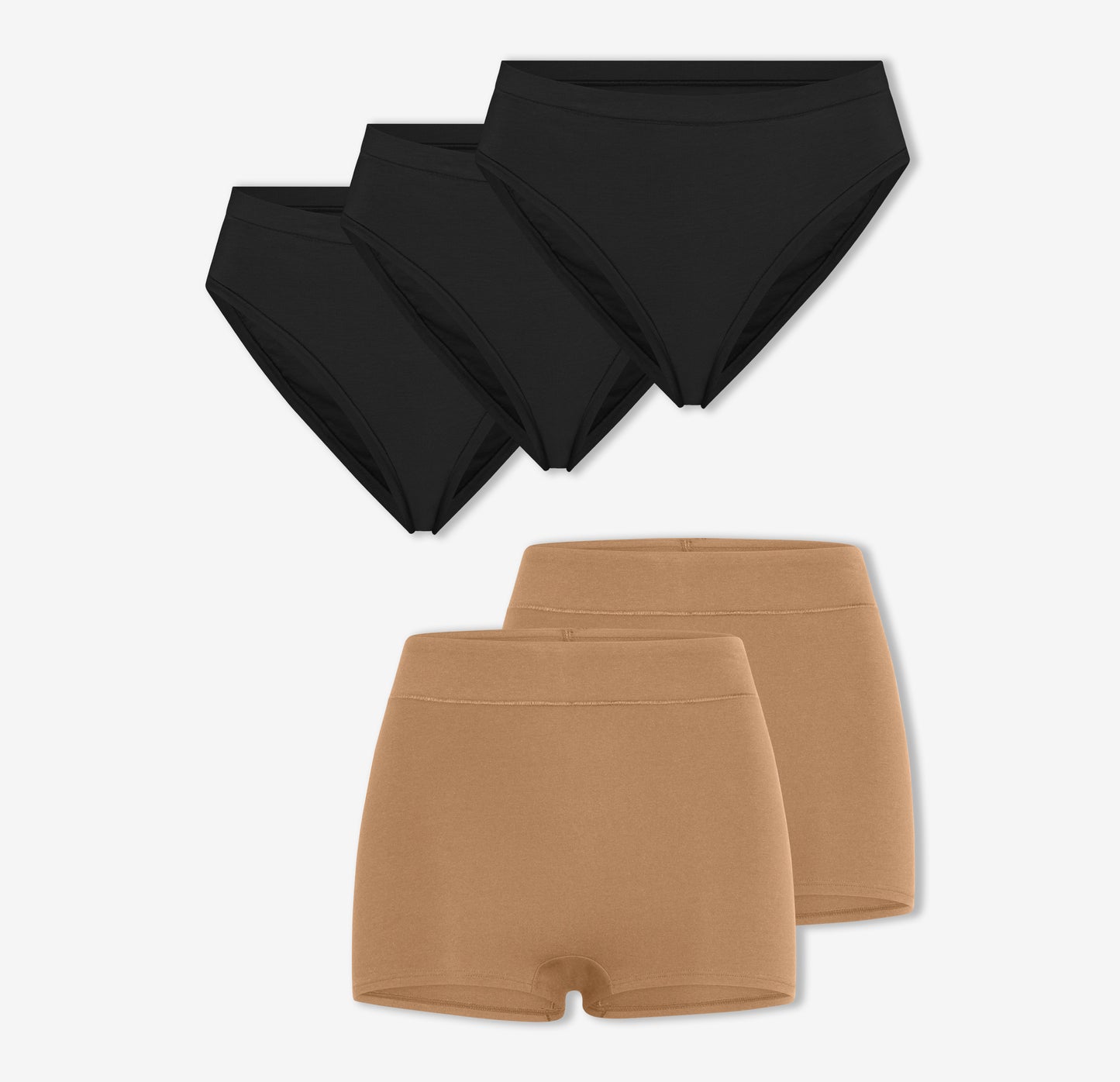 A trio of Harper Wilde's Cloud Cotton French Cut Briefs in Black and a duo of Cloud Cotton Highwaist Boyshorts in Tan against a white background.