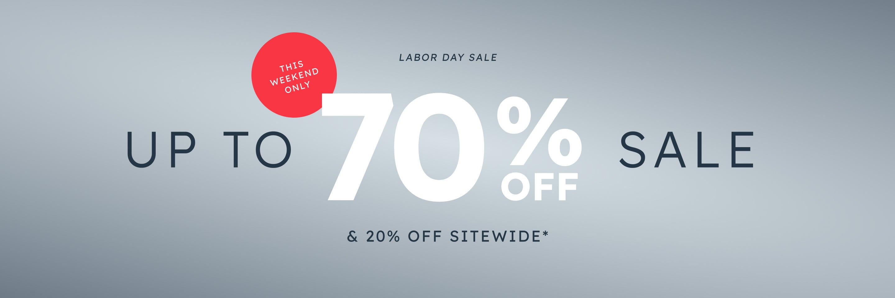 Labor Day Sale mobile promo with large text 'Up to 70% Off Sale & 20% Off Sitewide*' and a red circle that says 'This Weekend Only' on a gray gradient background.