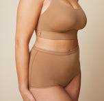 Close up front view of the Bliss Boyshort in Tan.
