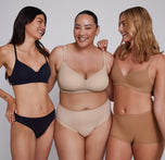 Ally, alongside Bianca and Megan, wearing the Base Wirefree T-Shirt Bra in Black, Beige, and Tan, emphasizing inclusivity and color variety.
