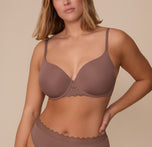 Sonnie wearing the Base Lace T-Shirt Bra and matching Bliss Lace Highwaist Brief in Mauve. The front view captures the smooth underwire cups and scalloped lace waistband. sizing: Sonnie wears size 36E