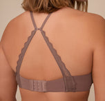 Sonnie shown from the back in the Base Lace T-Shirt Bra in Mauve with the J-hook fastened into a racerback style. Lace-trimmed straps and secure closure are clearly visible.