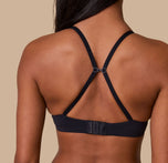 Ally demonstrates the racerback conversion of the Base T-Shirt Bra in Black, showing the versatility of the adjustable straps.
