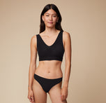 Full body view of Anna in the Bliss Bralette and matching Bliss Thong in Black. The classic color and sleek design deliver an elevated everyday look.