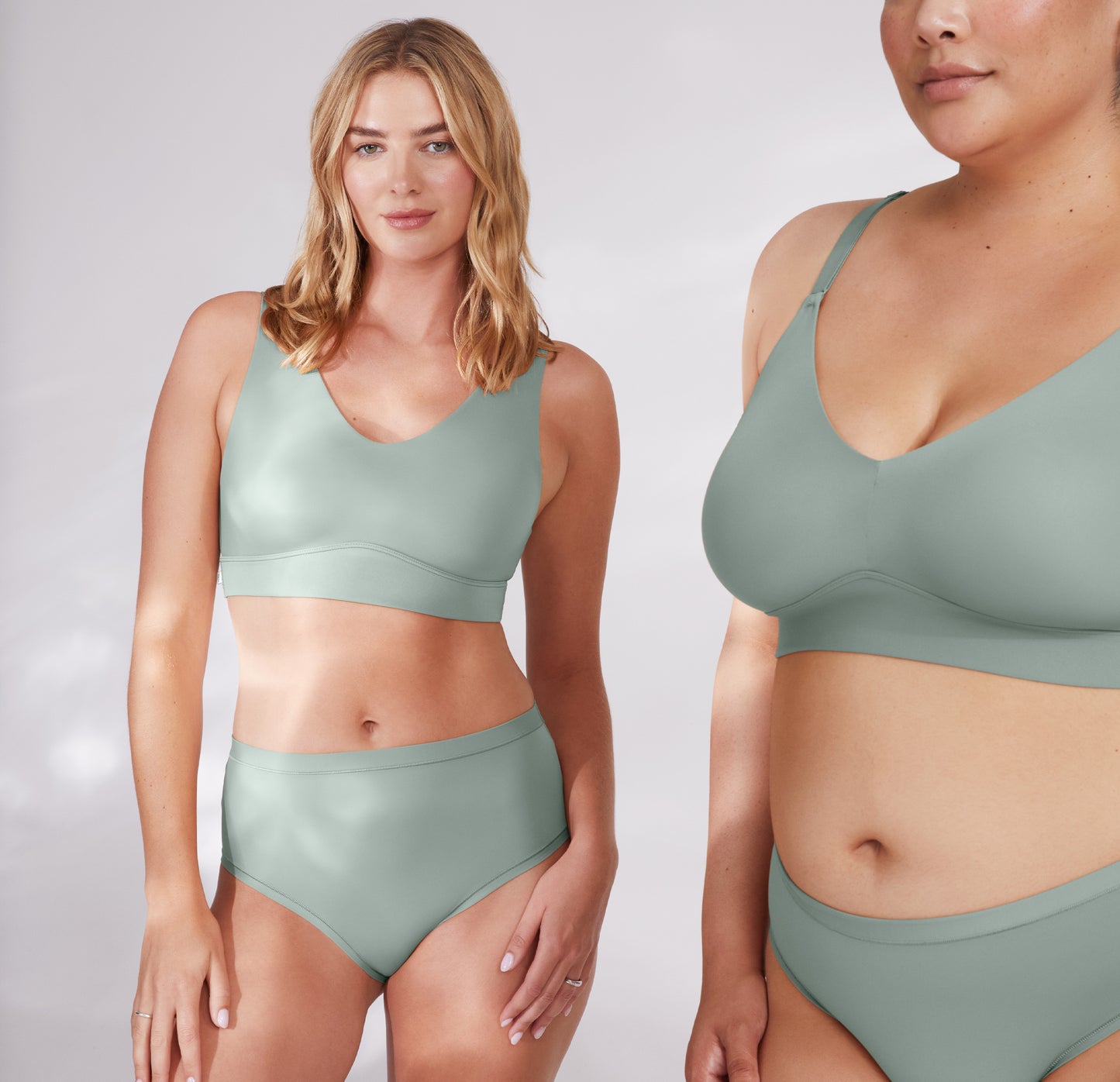 Megan and Bianca pose together in matching colored sets in Seaglass. Megan faces the camera in a relaxed pose, wearing the Bliss Bralette. The wide straps and supportive microfiber material are highlighted.