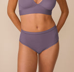 Freya wears the Bliss Highwaist Brief in Eclipse paired with the Bliss Triangle Bralette in Eclipse, shown from the front. The brief offers full coverage and sits comfortably at the natural waist with a clean, smoothing waistband. sizing: Freya wears size Small