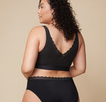 A rear view of Bianca in the Bliss Lace Bralette in Black, showing the lace-trimmed V-back and wide straps for a comfortable fit.