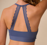 Detail shot of the lace back strap on the Bliss Lace Halterneck Bralette in Twilight. The scalloped lace adds visual interest while keeping the back breathable and light.