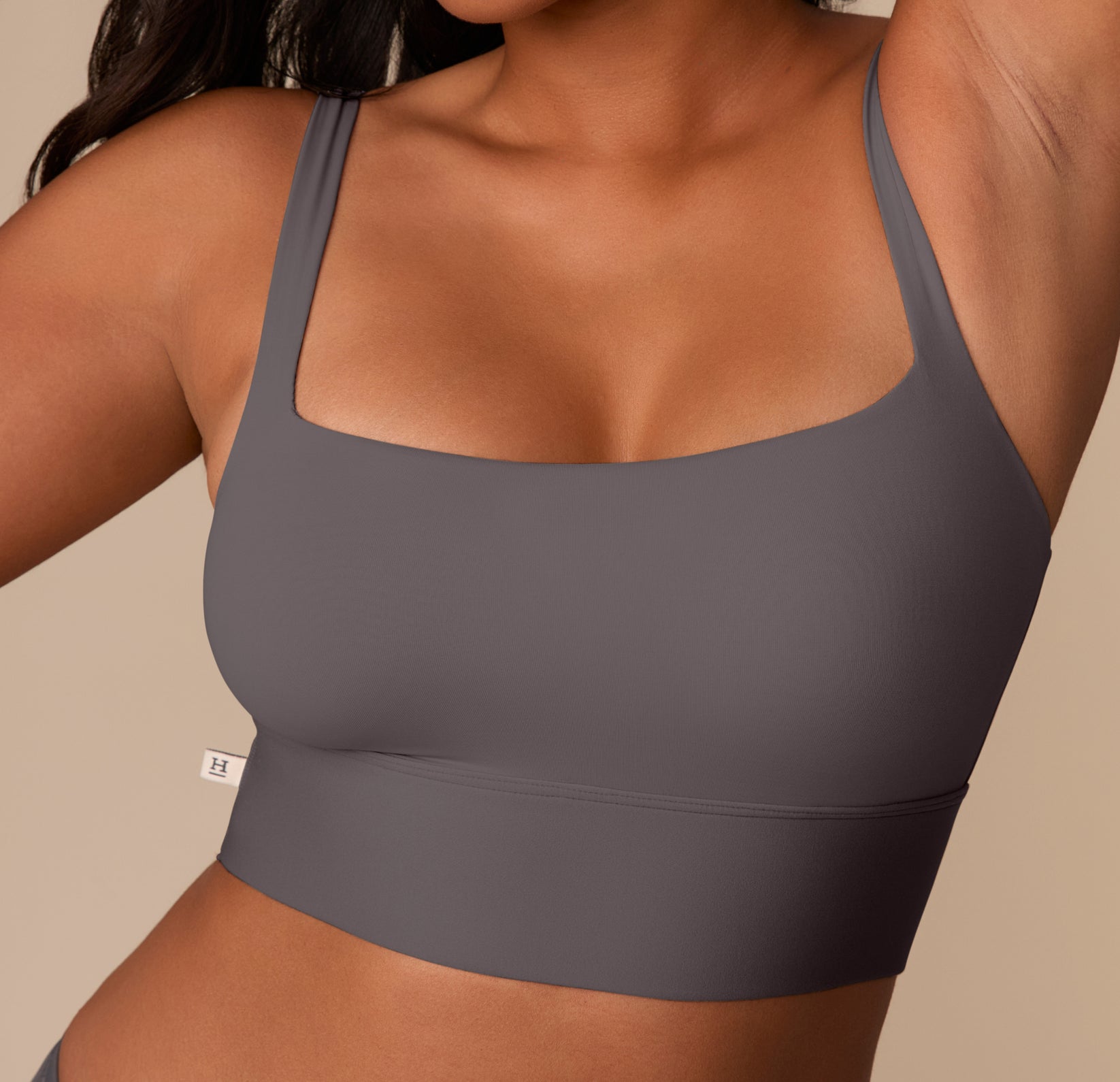 Close-up of the Bliss Square Neck Bralette in Smoke on Victoria, focusing on the structured neckline, smooth finish, and ultra-soft material.