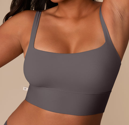 Close-up of the Bliss Square Neck Bralette in Smoke on Victoria, focusing on the structured neckline, smooth finish, and ultra-soft material.