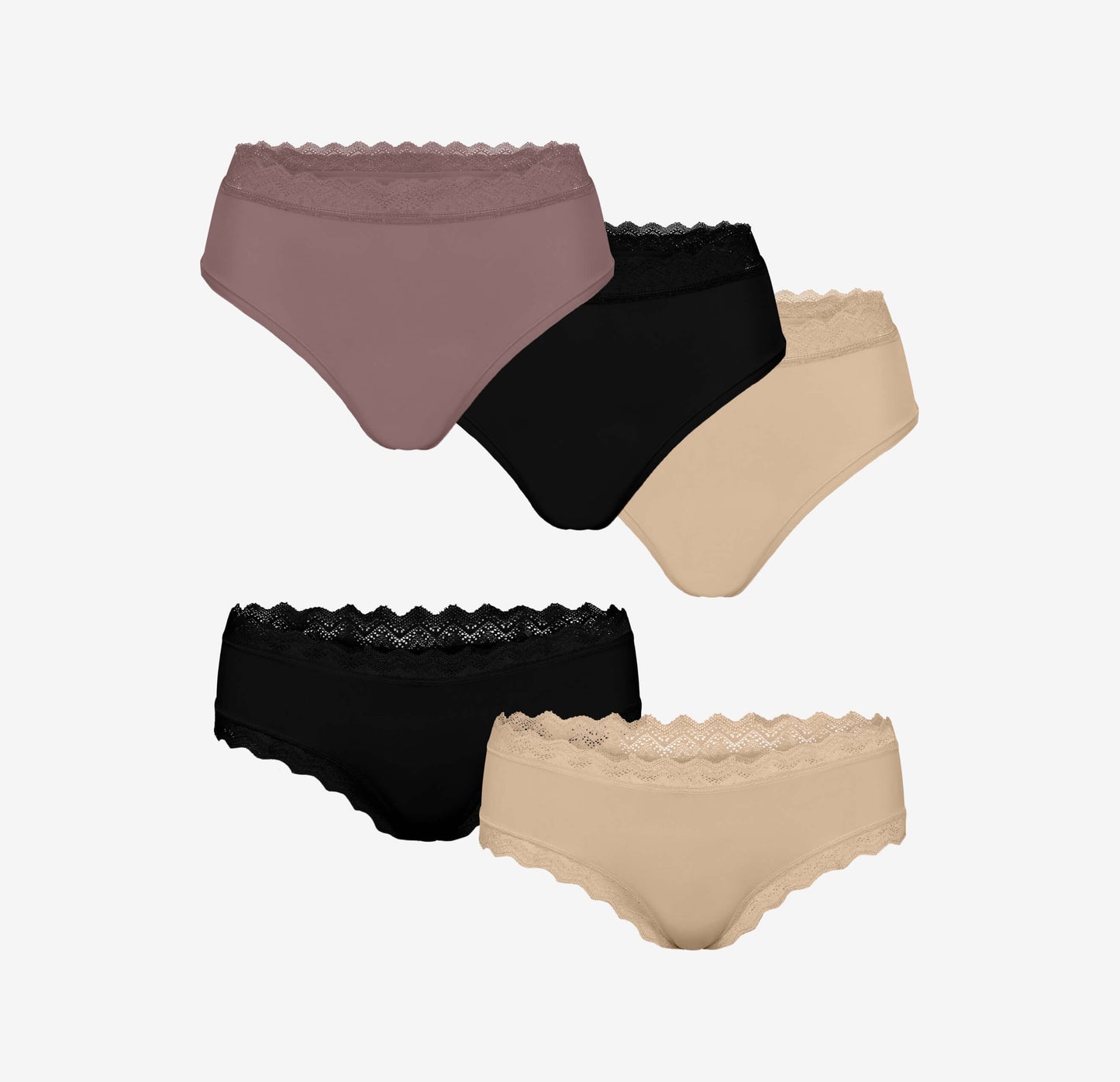 Flat lay of five Bliss Lace Highwaist and Cheeky underwear—highwaist briefs in mauve, black, and beige; cheeky briefs in black and beige.