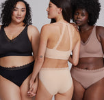 From left to right: Bianca wearing the Bliss Lace Bralette and Bliss Lace Highwaist Brief in Black, the second model displaying the back view of the Bliss Lace Halterneck Bralette and Bliss Lace Highwaist Brief in Beige, and the third model wearing the Bliss Lace Bralette and Bliss Lace Highwaist Brief in Mauve. The image highlights the lace detailing on the bralettes and briefs, as well as the comfortable, supportive fit of each piece.