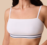 A close-up of the Cloud Cotton Retro Bandeau Bralette in White, focusing on the striped underband and soft, cotton material.