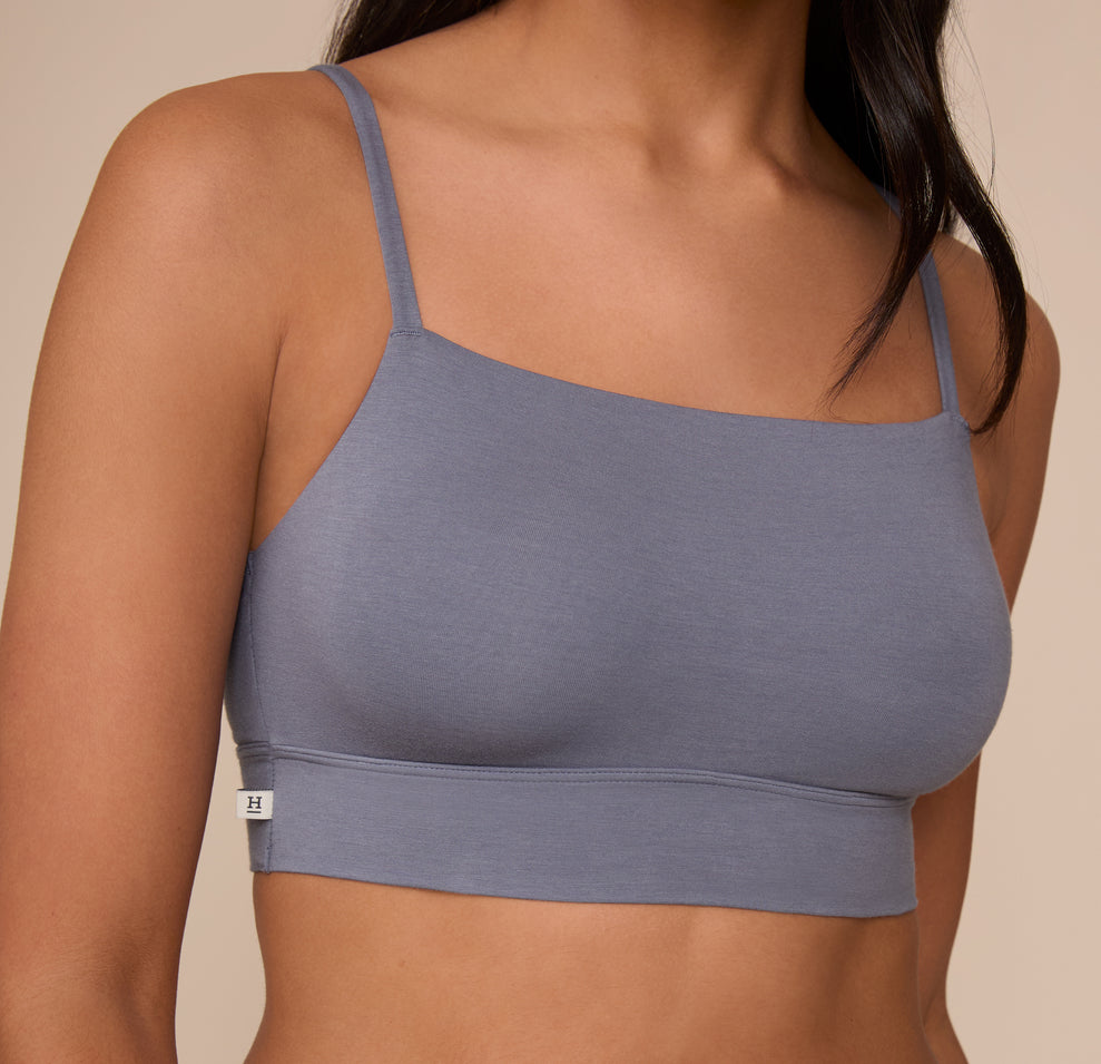 A crisp close-up of the Cloud Cotton Thin Strap Bralette in Slate on Nemesis, drawing attention to the soft cotton fabric and supportive wide underband.