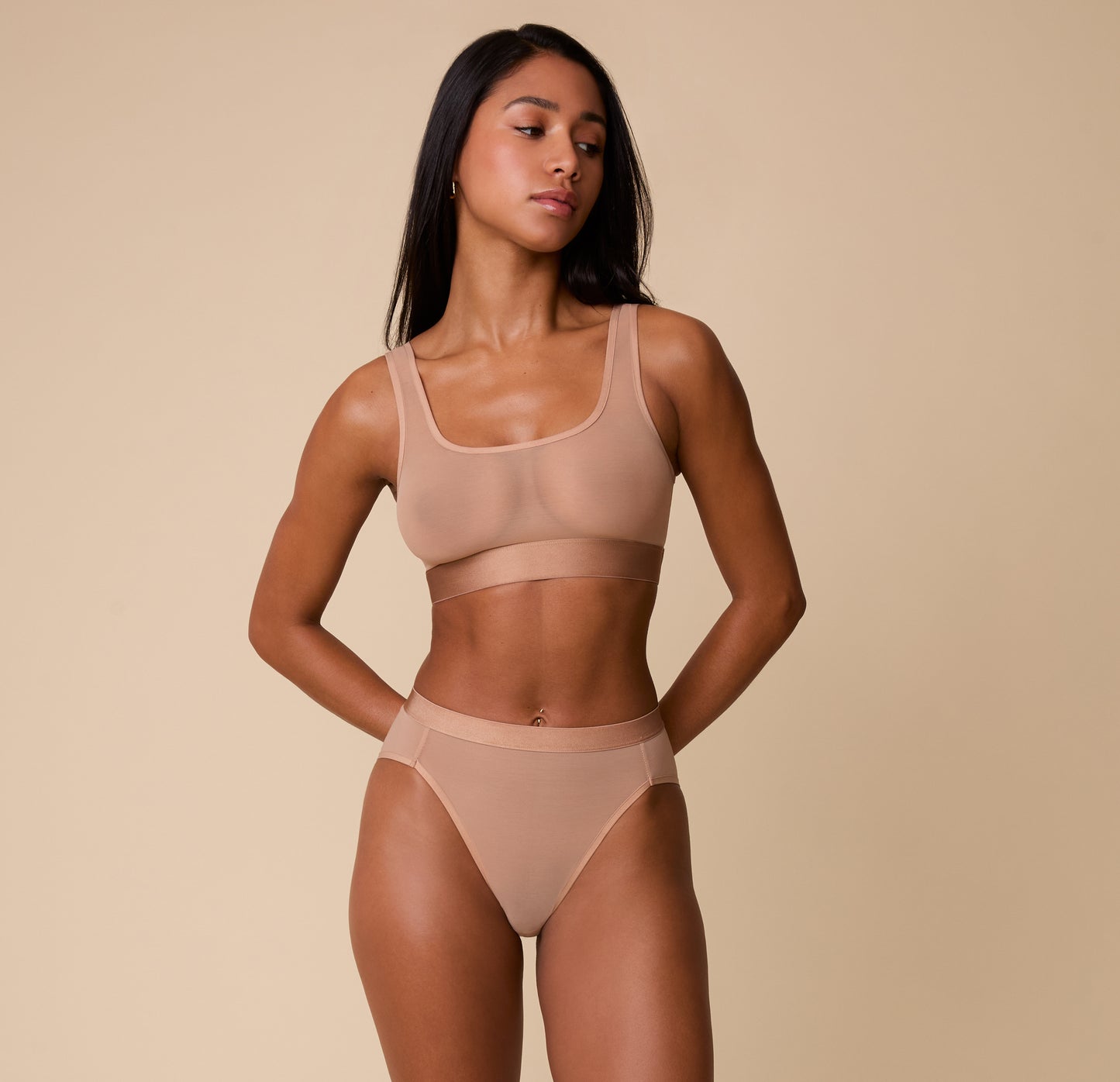 Full-body shot of the ComfortMesh™ Taupe Highwaist Briefs styled with a matching ComfortMesh™ scoop bralette, displaying the breathable and supportive nature of the fabric.
