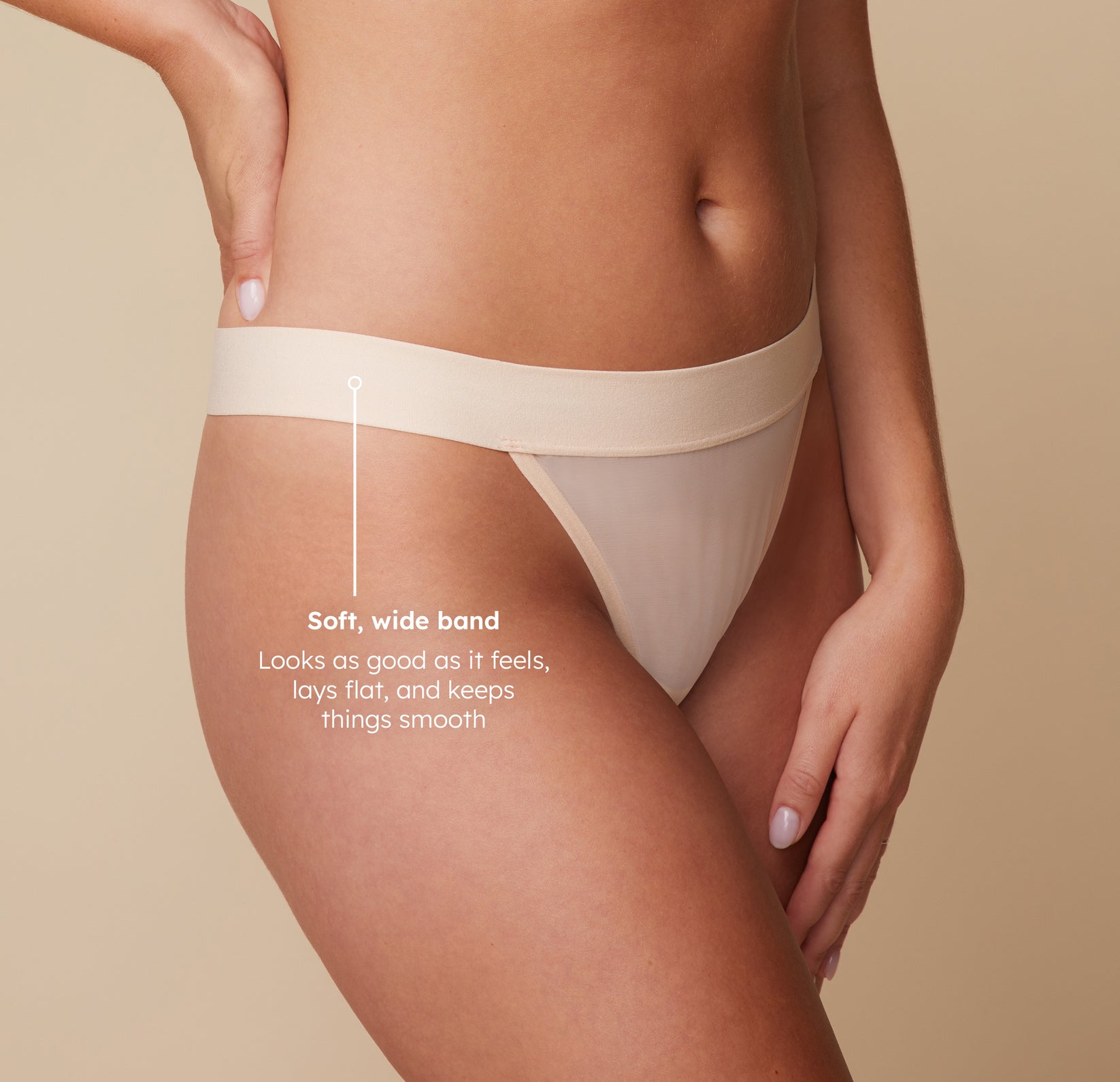 Close-up of the ComfortMesh™ Thong in Pearl with text highlighting the "Soft, wide band: Looks as good as it feels, lays flat, and keeps things smooth."