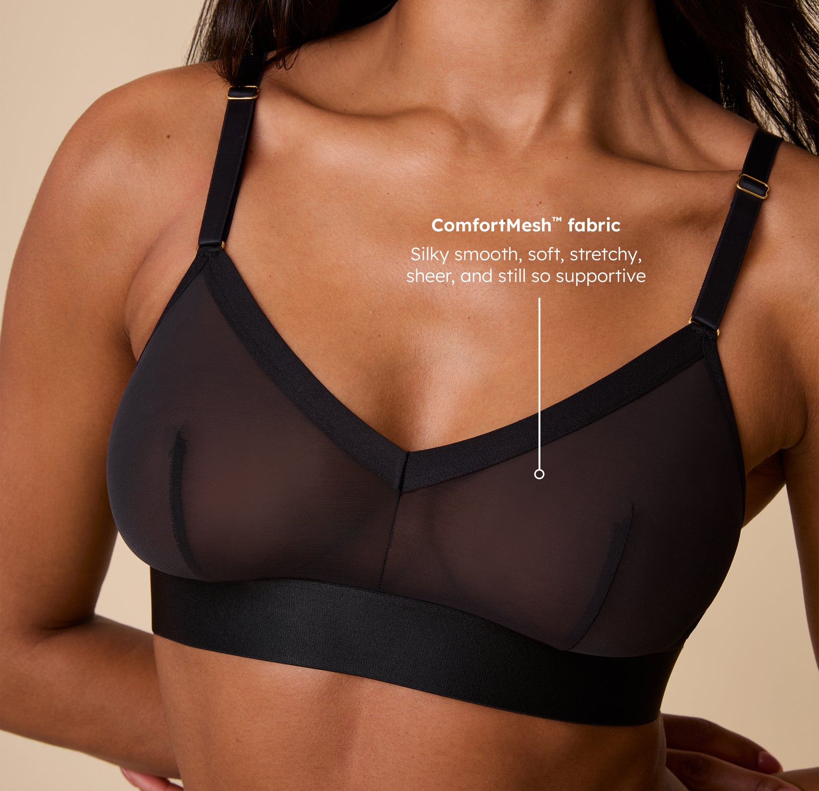 Close-up of Ally wearing the ComfortMesh Triangle Bralette in Black with the tagline: “ComfortMesh™ fabric – Silky smooth, soft, stretchy, sheer, and still so supportive.”