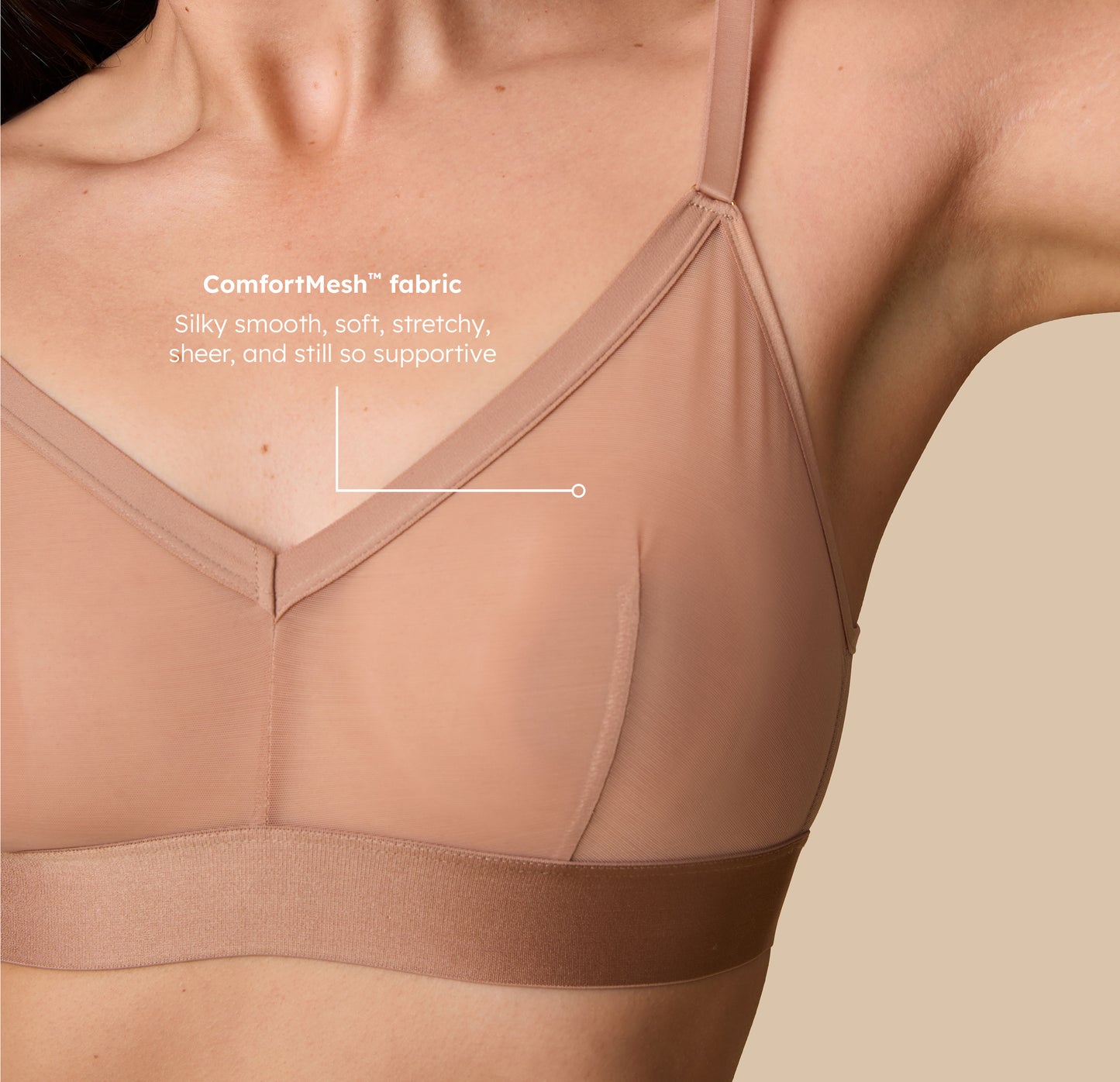 A close-up of the ComfortMesh™ Triangle Bralette in Taupe, featuring a callout describing the fabric: "Silky smooth, soft, stretchy, sheer, and still so supportive."