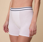 Detailed close-up of the Cloud Cotton Retro Boxer Brief in White on Gracie – The image captures the waistband detail, emphasizing the soft ribbed texture of the fabric.