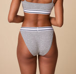Back view of the Cloud Cotton Retro French Cut Bikini in Heather Charcoal on Ally, showing the full-coverage back and smooth, stretchy fit.