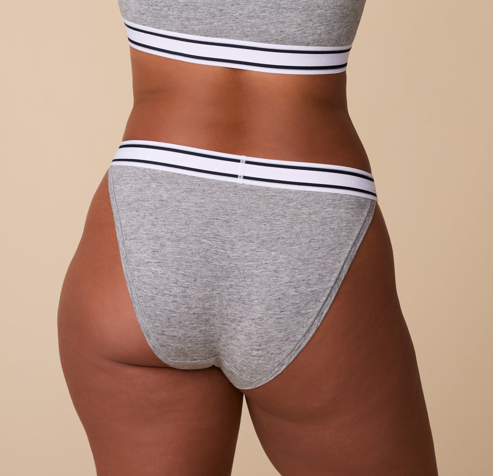 Back view of the Cloud Cotton Retro French Cut Bikini in Heather Charcoal on India, displaying the curve-hugging fit and breathable fabric.