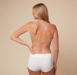 Back view of Megan in the Bliss Plunge Adjustable Bralette, highlighting the adjustable straps and racerback configuration.