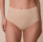 A close-up of the No-Show Highwaist Brief in Beige, showcasing the raw-edge finish and soft, stretchy fabric.