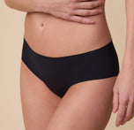 A zoomed-in view of the No-Show Hiphugger in Black on Gracie, emphasizing the smooth, seamless construction and comfortable waistband.