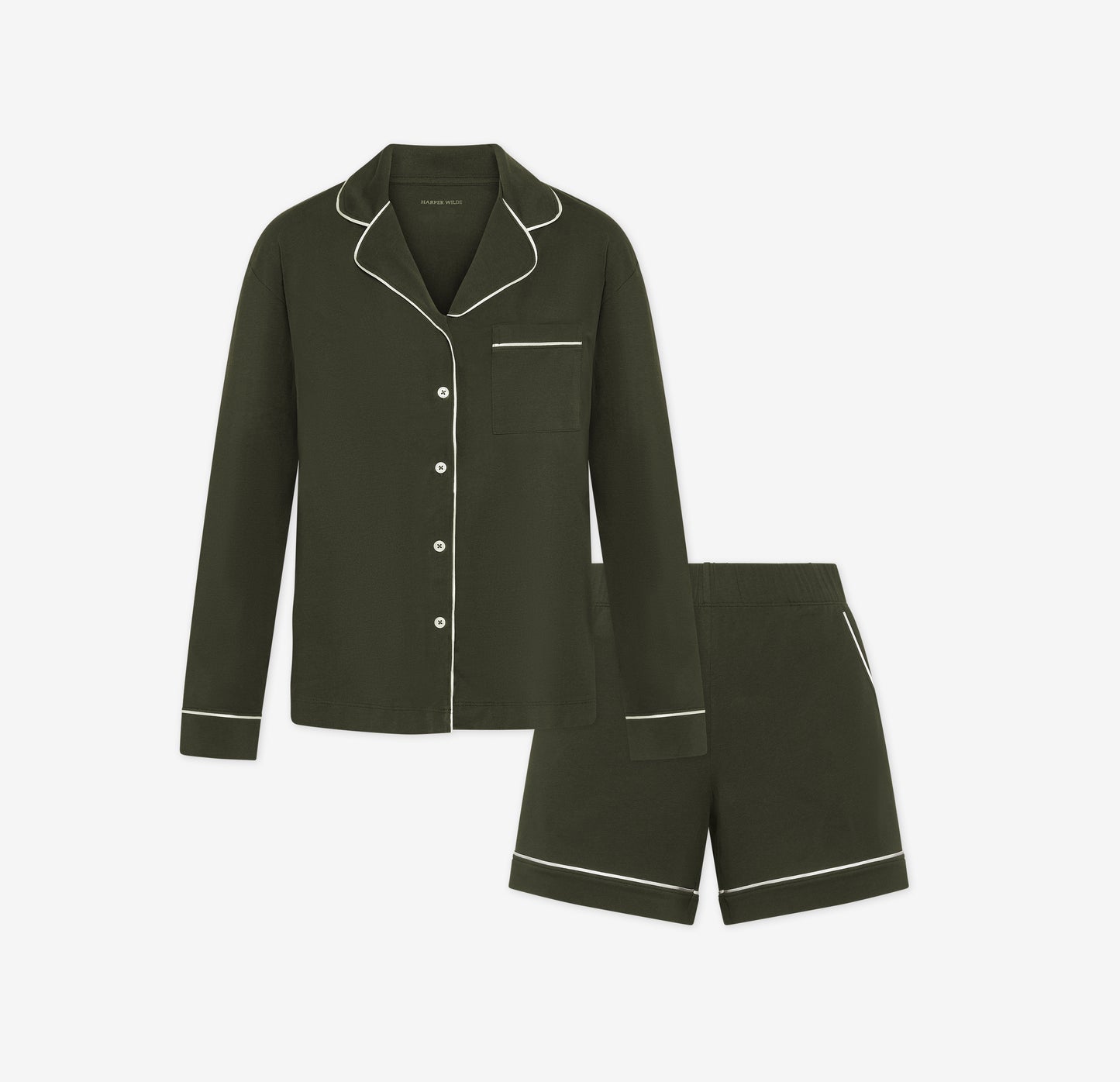 Harper Wilde Pima Pajama Set in Olive. Includes long sleeve, button-up top with white piping and matching shorts. Set laid flat on a white background.
