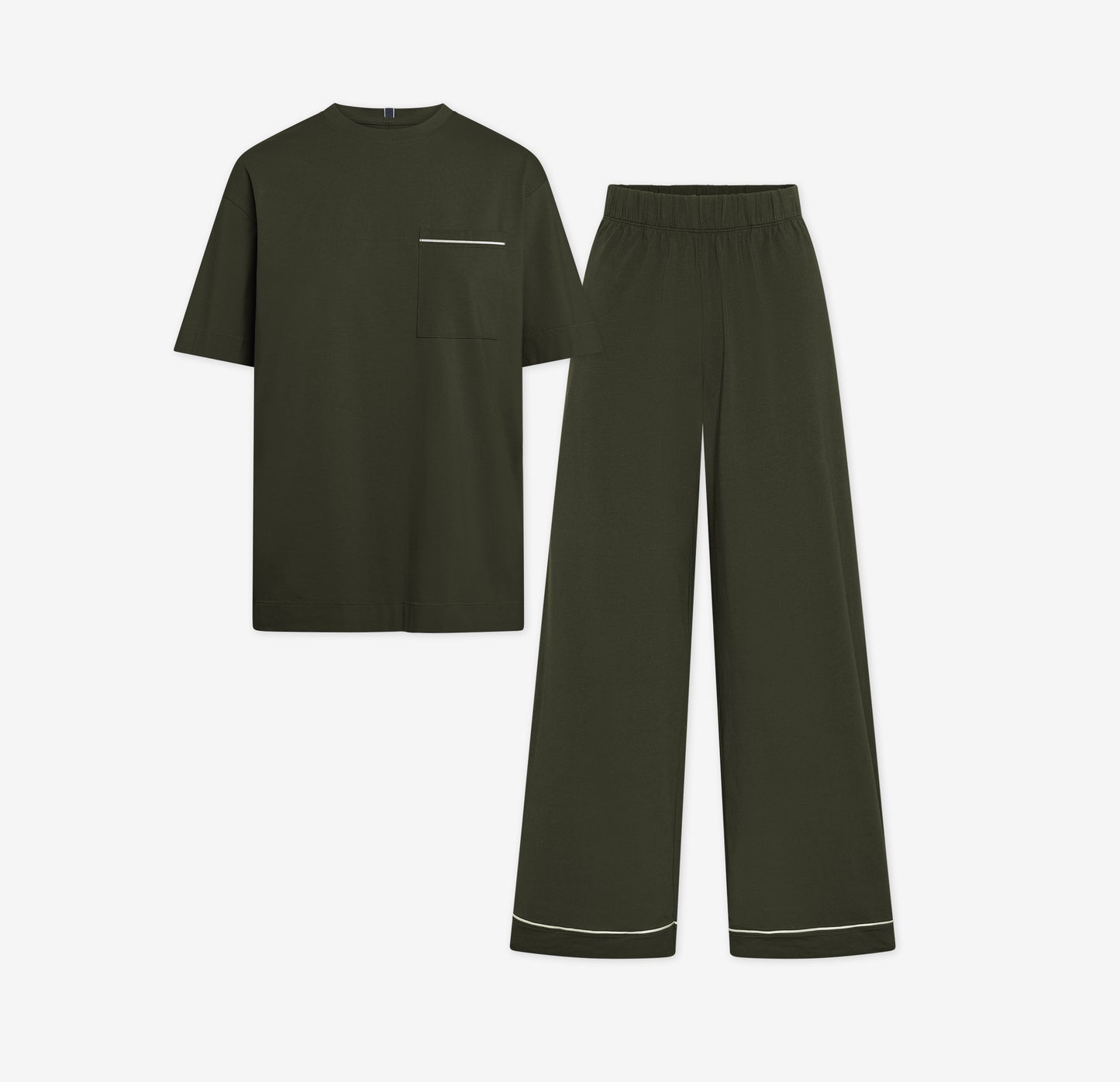 Harper Wilde Pima Pajama Set in Olive. Includes relaxed fit tee with white chest pocket piping and matching long pants. Set laid flat on a white background.