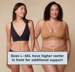 This comparison image features two models wearing the Bliss Plunge Adjustable Bralette, showcasing the design difference across sizes. The model on the left wears a smaller size with a deep plunge, while the model on the right, in a larger size (L-4XL), wears a version with a higher center front for added support. A visual highlight emphasizes the higher center front on the larger size, showing how the design adapts to provide enhanced comfort and stability for larger busts.