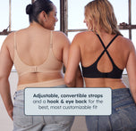 Two models showcasing the Bliss Plunge Adjustable Bralette with different strap configurations. The model on the left wears the bralette with standard adjustable straps, while the model on the right displays the convertible strap option, worn crossed at the back. Both models are shown from the back to emphasize the hook and eye closure, which provides a customizable fit. The image demonstrates the bralette’s versatility and adjustability, catering to various preferences for comfort and support.