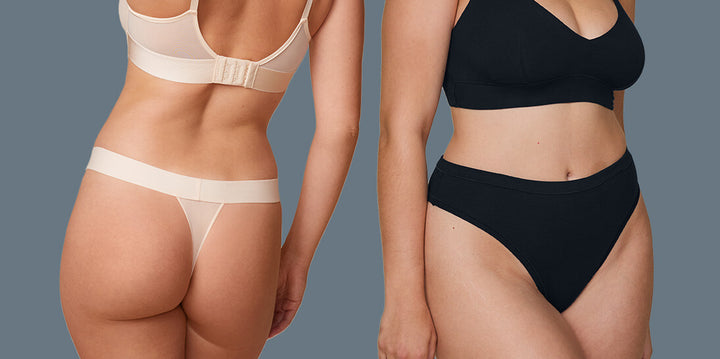 A split view of two models showcasing two thong underwear styles. The left model wears the ComfortMesh Thong in Pearl from the back, while the right model wears a black Cloud Cotton Highwaist Thong with a matching Cloud Cotton Triangle Bralette.