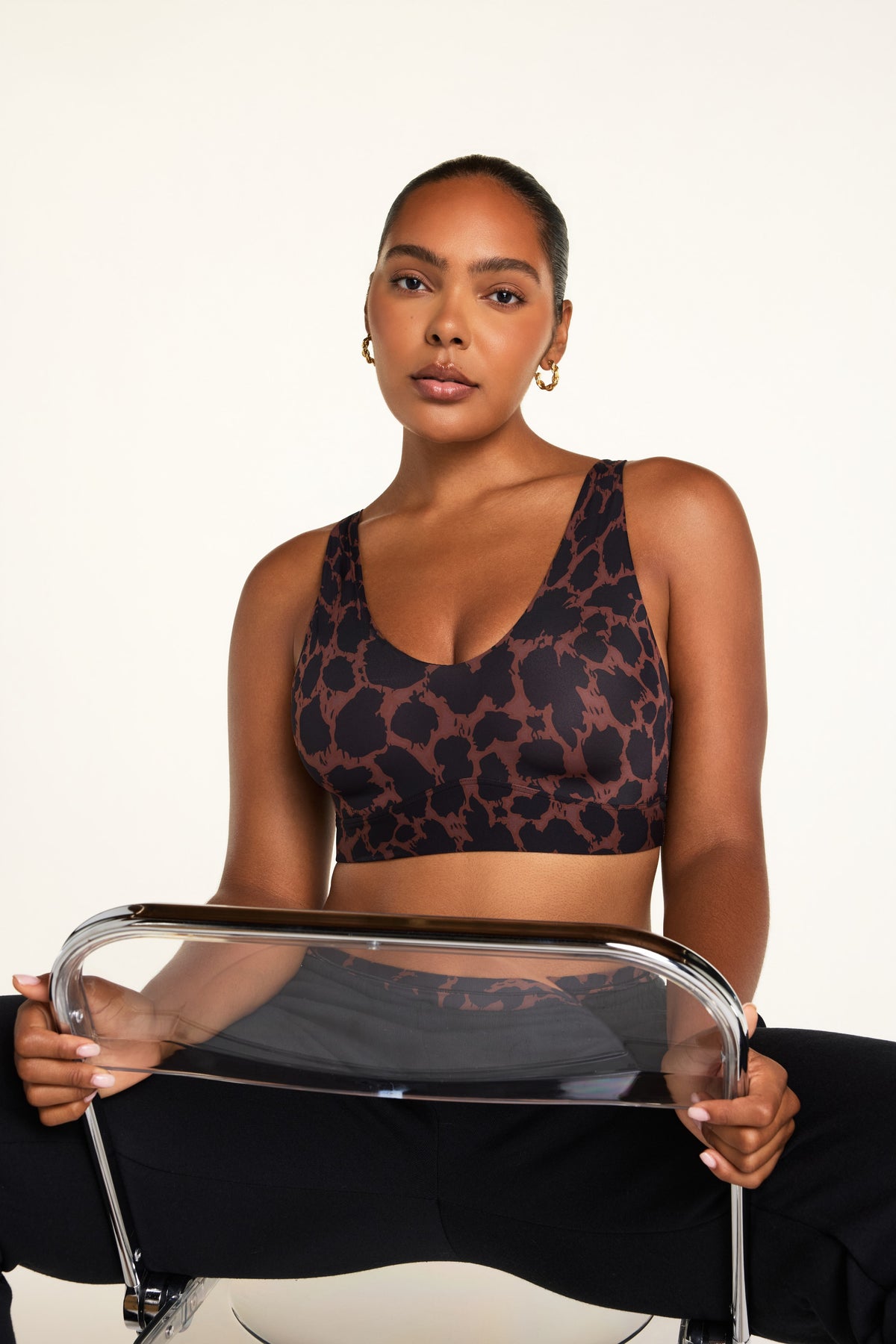 Editorial on-model shot of the Bliss Bralette in Bliss Leopard styled with the Bliss French Cut Brief in Bliss Leopard.