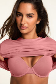 Editorial on-model shot of the Cloud Cotton T-Shirt Bra in Winter Rose styled with the Cloud Cotton Highwaist Thong in Winter Rose.