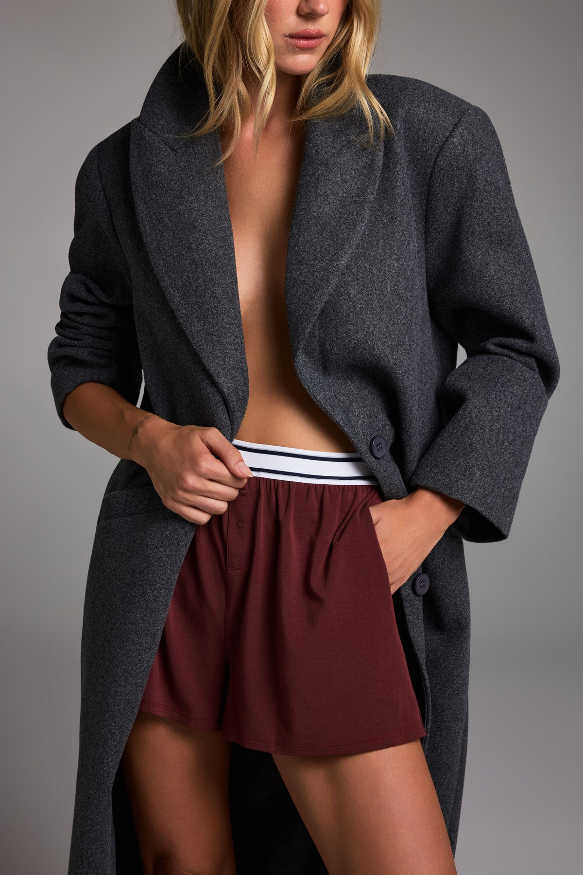 Editorial on-model shot of the Cloud Cotton T-Shirt in Cabernet styled with the Cloud Cotton Short in Cabernet.