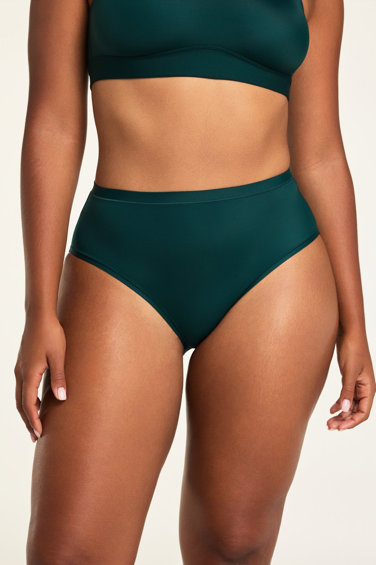 Front on-model shot of the Bliss French Cut Brief in Pine paired with the Bliss Scoop Bralette in Pine.