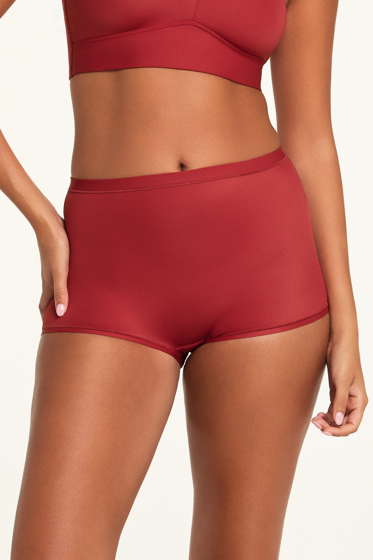 Front on-model shot of the Bliss Boyshort in Ruby paired with the BlissSmooth Bralette in Ruby.