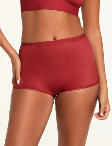 Front on-model shot of the Bliss Boyshort in Ruby paired with the BlissSmooth Bralette in Ruby.