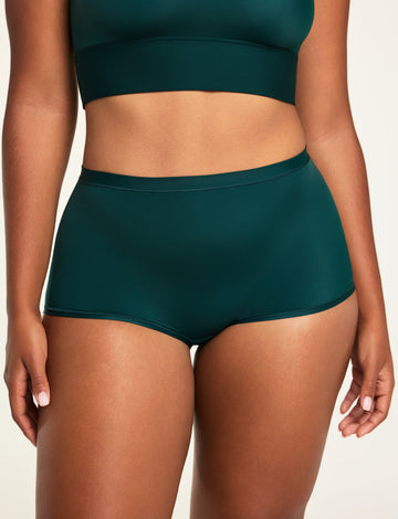 Front on-model shot of the Bliss Boyshort in Pine paired with the Bliss Square Neck Bralette in Pine. sizing: Amber wears size Medium