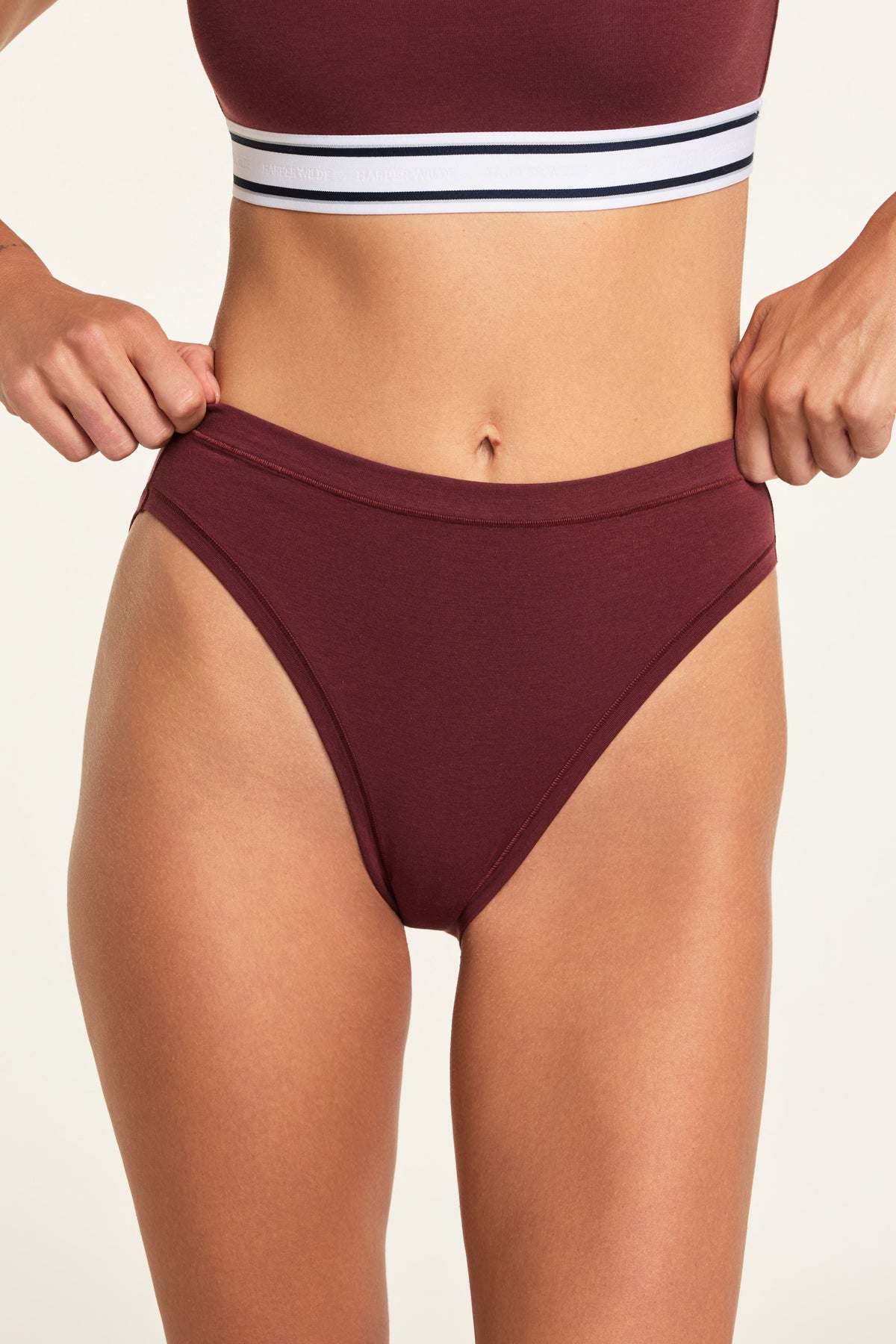 Front on-model shot of the Cloud Cotton French Cut Brief in Cabernet paired with the Cloud Cotton Bandeau Bralette in Cabernet.