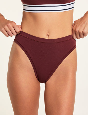 Front on-model shot of the Cloud Cotton French Cut Brief in Cabernet paired with the Cloud Cotton Bandeau Bralette in Cabernet. sizing: Holly wears size Small