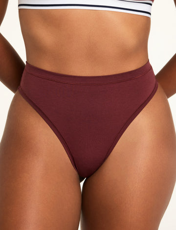 Front on-model shot of the Cloud Cotton Highwaist Thong in Cabernet paired with the Cloud Cotton Bandeau Bralette in Cabernet.