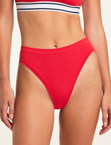 Front on-model shot of the Cloud Cotton French Cut Brief in Cherry paired with the Cloud Cotton Bandeau Bralette in Cherry. sizing: Holly wears size Small