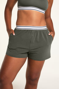 Front on-model shot of the Cloud Cotton Short in Olive paired with the Cloud Cotton Bandeau Bralette in Olive.