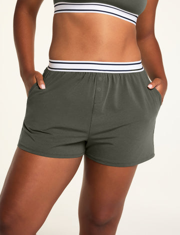 Front on-model shot of the Cloud Cotton Short in Olive paired with the Cloud Cotton Bandeau Bralette in Olive.