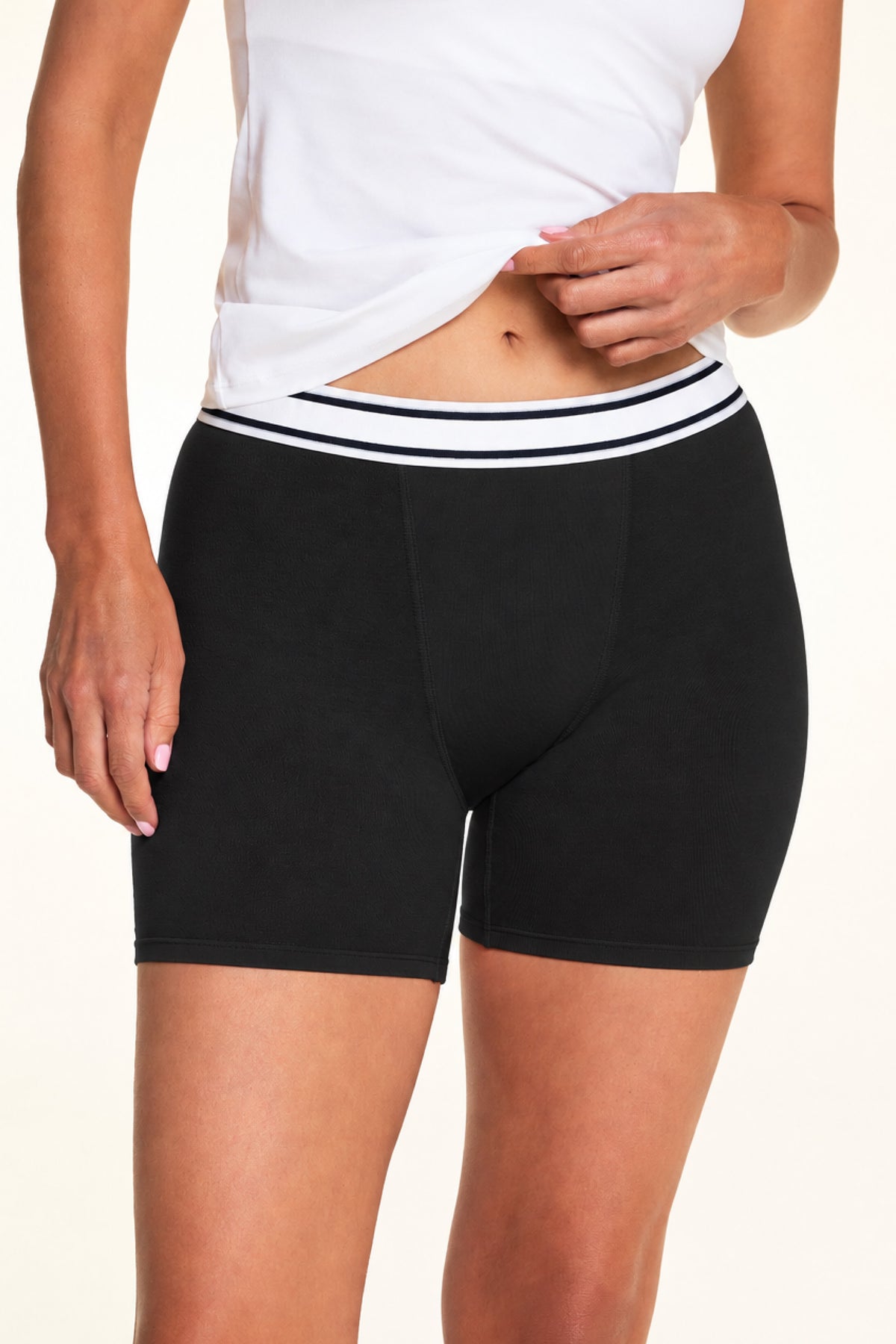 Front view of the Cloud Cotton Boxer Brief in Black. sizing: Megan wears size Small